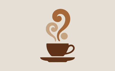 A minimalist vecter illustration of a brown coffee cup on a saucer with swirling steam rising above it on a light background silhouette