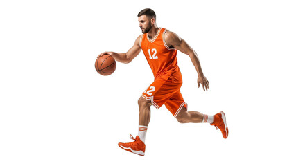 Basketball player dribbling bright orange uniform