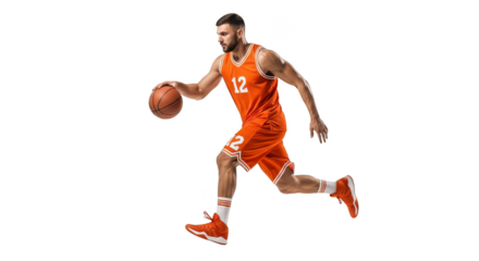 Basketball player dribbling bright orange uniform