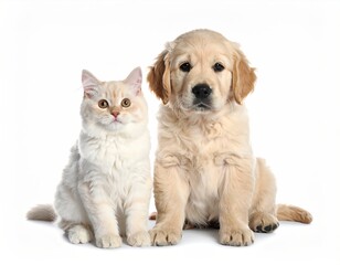Obraz premium Close Up of a Golden Retriever Puppy and Light Tan Cat Sitting Together on White Background Studio Shot