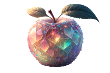 Stunning jewel encrusted apple with vibrant gem facets and delicate leaves, a magical symbol of abundance and beauty