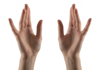Two hands with fingers spread upwards isolated on transparent background, showing a gesture of surrender or praise