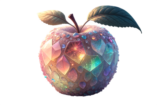 Stunning jewel encrusted apple with vibrant gem facets and delicate leaves, a magical symbol of abundance and beauty