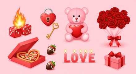 Valentine's Day icons roses, pizza heart, teddy, key, love candles