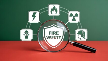 Magnifying Glass Over Shield and Fire Icons on Green Background – Fire Safety Inspection Concept