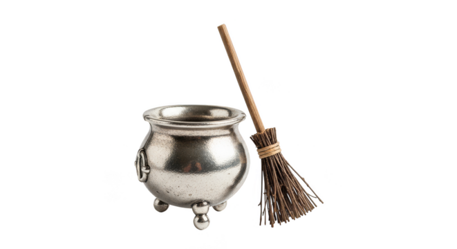Cauldron and broom evoke magic