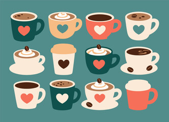Obraz premium Colorful coffee cups with heart designs in flat style, isolated on teal background