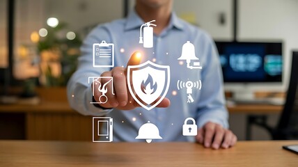 Businessman Pointing at Glowing Holographic Flame and Shield Icons in Futuristic Office Fire Safety Concept