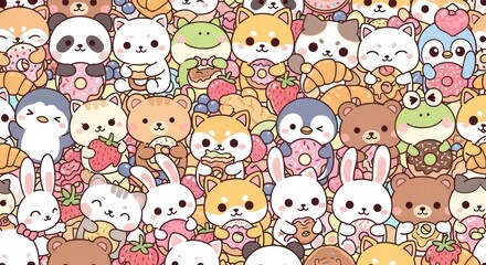 Fototapeta premium Cute animals amid a delicious mix of sweets and fruits in cartoon illustration