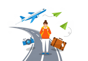 Young woman with backpack standing on the road with airplane, camera and suitcase isolated on transparent background