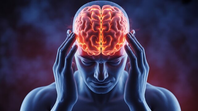 Man with glowing, pained brain and hands on temples