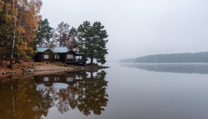 Fototapeta premium A serene lakeside cabin nestled amongst trees, reflecting in calm water.