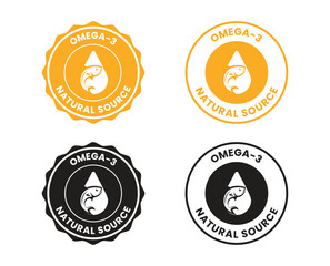 Natural Source of Omega-3. Vector stamps for packaging with drop and fish. Sign logo, badge, icon, sticker, label, emblem, stamp, symbol, black, line, flat vector, isolated illustration.	

