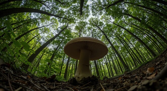 Low angle fisheye view of large mushroom on forest floor. Worm's-eye perspective looking up at green tree canopy. Wild nature and mycology concept