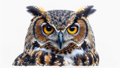Obraz premium Close-up portrait of a majestic owl, showcasing its detailed feathers and piercing gaze.