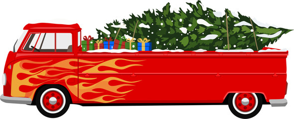 Retro Style Red Pickup Truck Loaded with a Snowy Christmas Tree