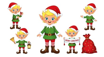 Fototapeta premium Group of cartoon Christmas elves with pointy ears and red hats