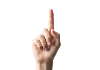 A human hand with the index finger pointing upwards, isolated on a transparent background