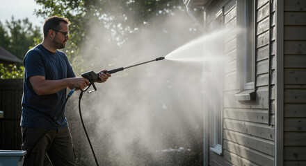 Man cleaning house siding with high-pressure washer. Homeowner doing outdoor maintenance and chores. DIY home improvement concept