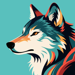 Naklejka premium Colorful wolf head portrait, stylized animal art, isolated on teal background