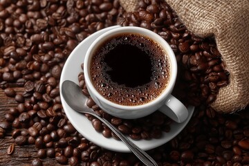 Fototapeta premium Cup of Freshly Brewed Coffee Surrounded by Rustic Roasted Beans and Burlap Sack