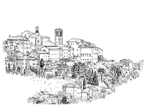 Montepulciano &ndash; Tuscan Hilltown Pen Drawing