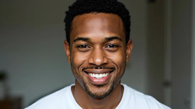 Close-up portrait of happy young man with perfect smile. Authentic lifestyle banner with blurred background. Happiness, confidence, and positivity concept. Dental care and men's health