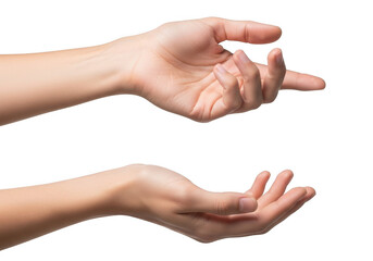 Two open hands, one reaching down and one cupped upwards, isolated on transparent background