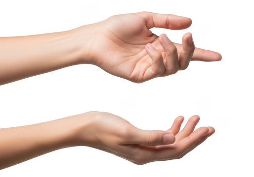 Two open hands, one reaching down and one cupped upwards, isolated on transparent background