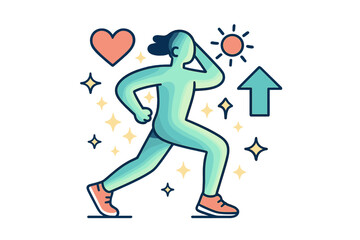 Energetic Morning Routine. Exercise and movement. A glowing character jogging or doing morning stretches with