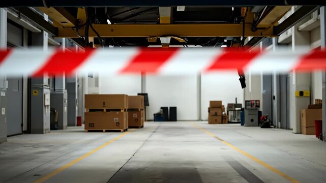 Red and white striped barrier tape in factory. Blurred industrial background. Workplace safety and restricted area concept. Banner for manufacturing and logistics