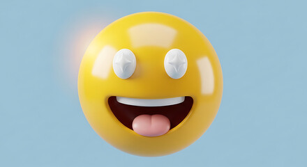 Fototapeta premium A bright yellow emoji with white eyes, a wide smile, and a visible pink tongue, set against a light blue background.