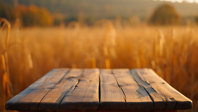 Rustic wooden table in golden wheat field sunset