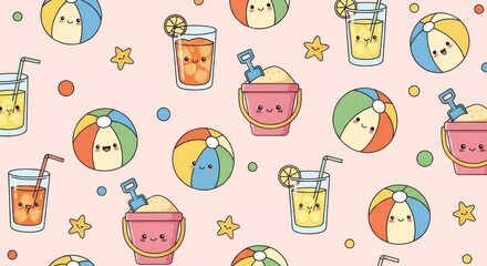 Cute summer-themed pattern of beach balls, drinks, sand buckets on light pink