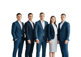 Obraz premium A diverse group of five business professionals, three men and two women, standing together isolated on transparent background