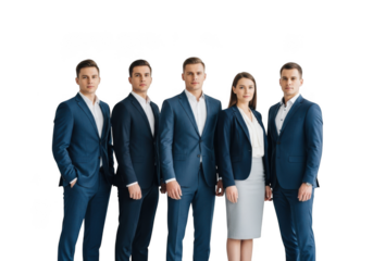 A diverse group of five business professionals, three men and two women, standing together isolated on transparent background
