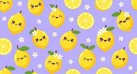 Cheerful lemons with kawaii faces, scattered on purple background