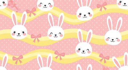 Obraz premium Bunny pattern on pink polka dots with yellow waves and pink bows