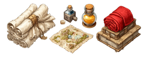 Vintage Treasure Map with Scrolls and Potions on Isolated Background