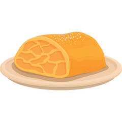 Golden Brown Baked Pastry With Flaky Golden Orange Filling Sprinkled With White Sugar On A Light Beige Plate Isolated On A White Background