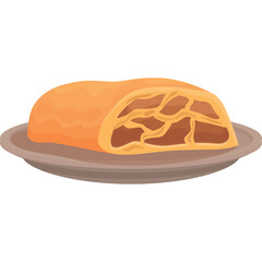 Golden Brown Baked Strudel Pastry With A Caramelized Crust Served On A Round Brown Plate Isolated On A White Background