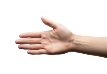 A human hand extended forward, palm open, isolated on transparent background