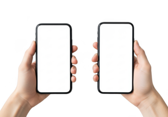 Two hands holding smartphones with blank screens, isolated on transparent background