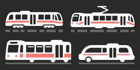 Flat tram and train icons in minimalist style with red accents, isolated on dark background