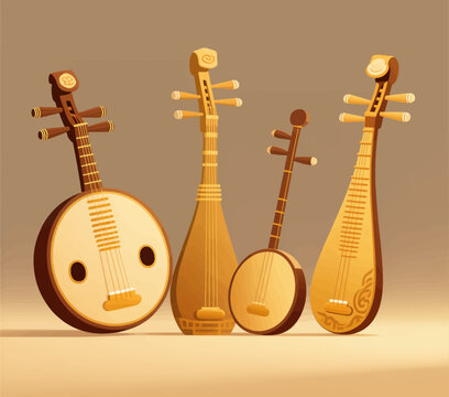 Flat vector illustration of traditional string instruments in warm tones isolated