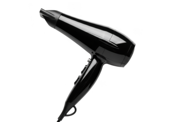 Black electric hair dryer isolated on transparent background, a tool for drying and styling hair