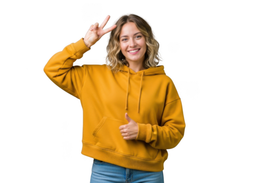 Young woman wearing a yellow hoodie and jeans, making a peace sign and giving a thumbs up, isolated on transparent background