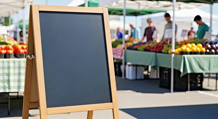 Empty Chalkboard Sign Mockup at a Vibrant Outdoor Farmers Market with Fresh Produce