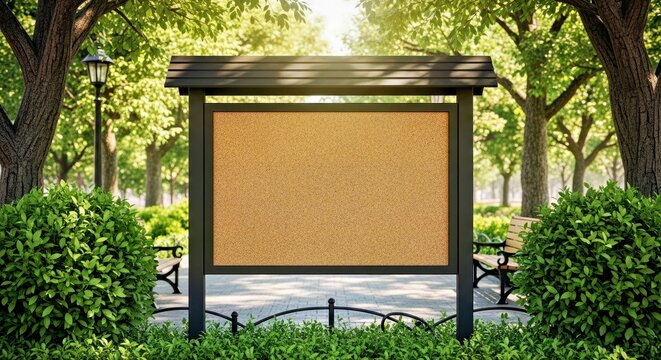 Blank Public Bulletin Board Mockup in a Peaceful Park with Benches and Trees