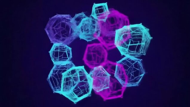 A vibrant 3D animation of interconnected, rotating wireframe polygons in neon cyan and magenta. This abstract molecular structure symbolizes big data and quantum computing.